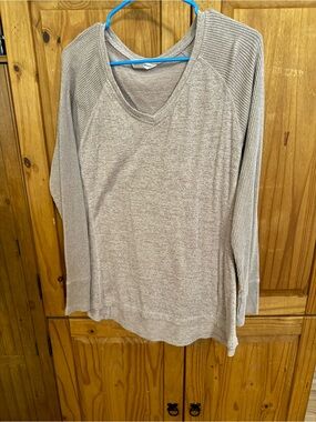Christopher & Banks Taupe V-Neck Rib Sleeve Knit Top